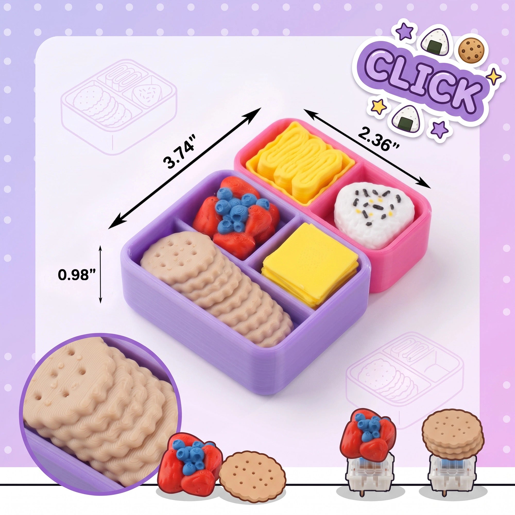 Open bento box clicker with removable food pieces